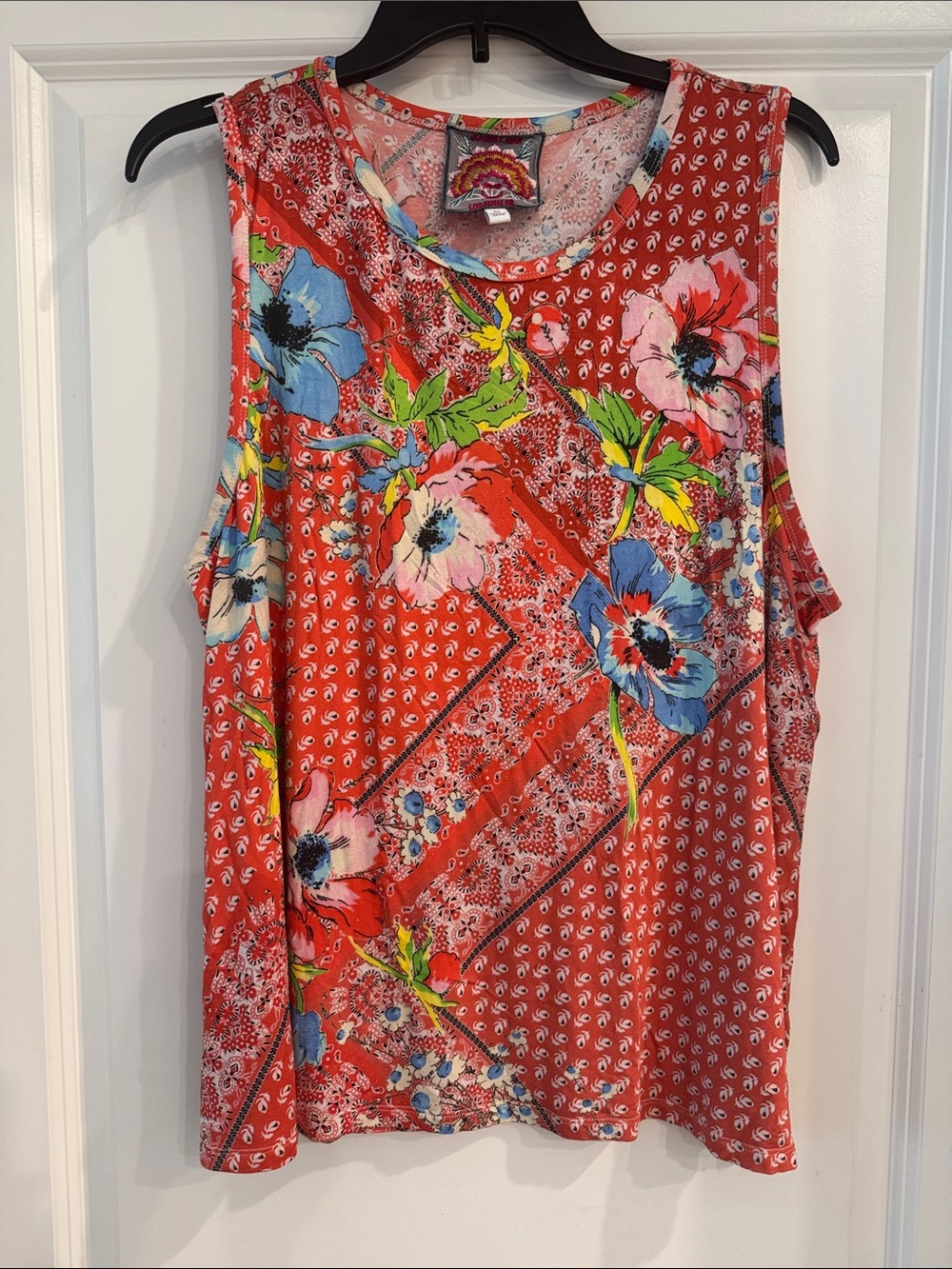 Johnny Was Red Floral Sleeveless Tank with Blue & Pink Blooms